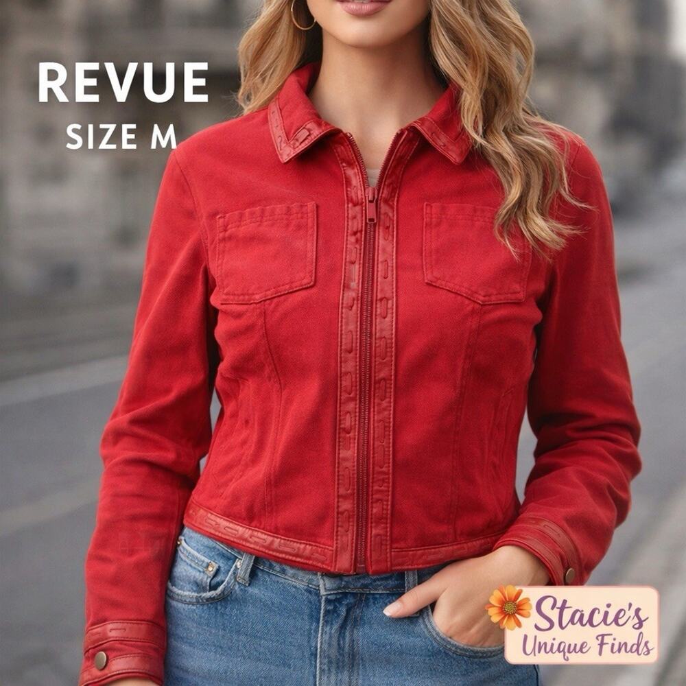 REVUE Red Zip Jacket Women M Leather Trim Cotton Stretch Moto Style Chic